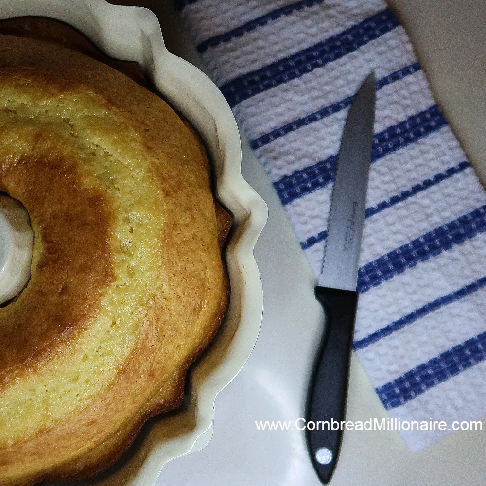 Use a knife or wooden skewer to check Cream Cheese Pound Cake for doneness.