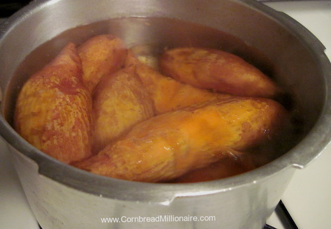 Boil orange-flesh sweet potatoes to make filling for Patti's Sweet Potato Pie.