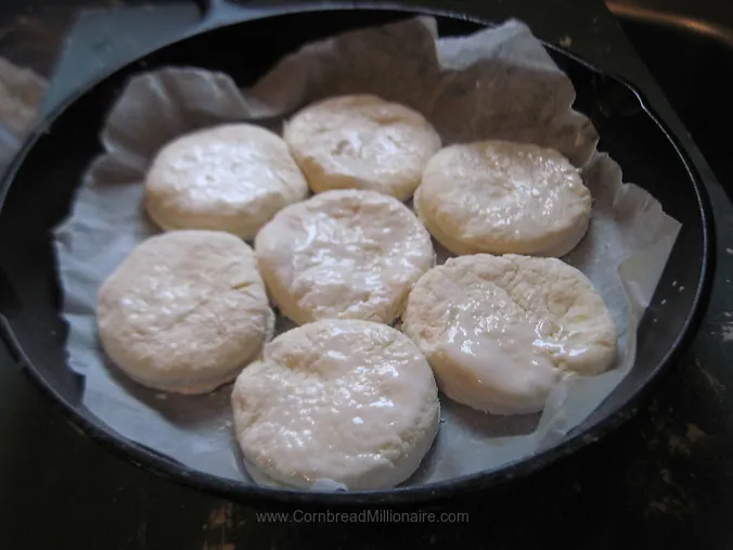 3-Ingredient Biscuits brushed with buttermilk will turn golden brown while baking. 
