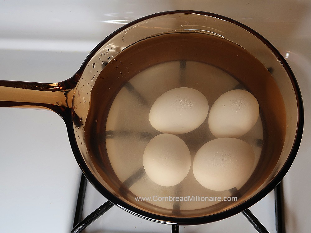Fresh eggs in a saucepan filled with water, salt and apple cider vinegar (or white distilled vinegar).